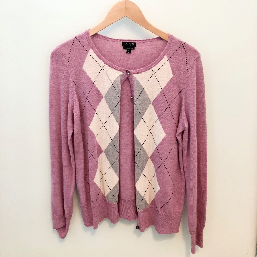 Lavender, Gray & White Argyle Pattern Wool Sweater *S* Talbots